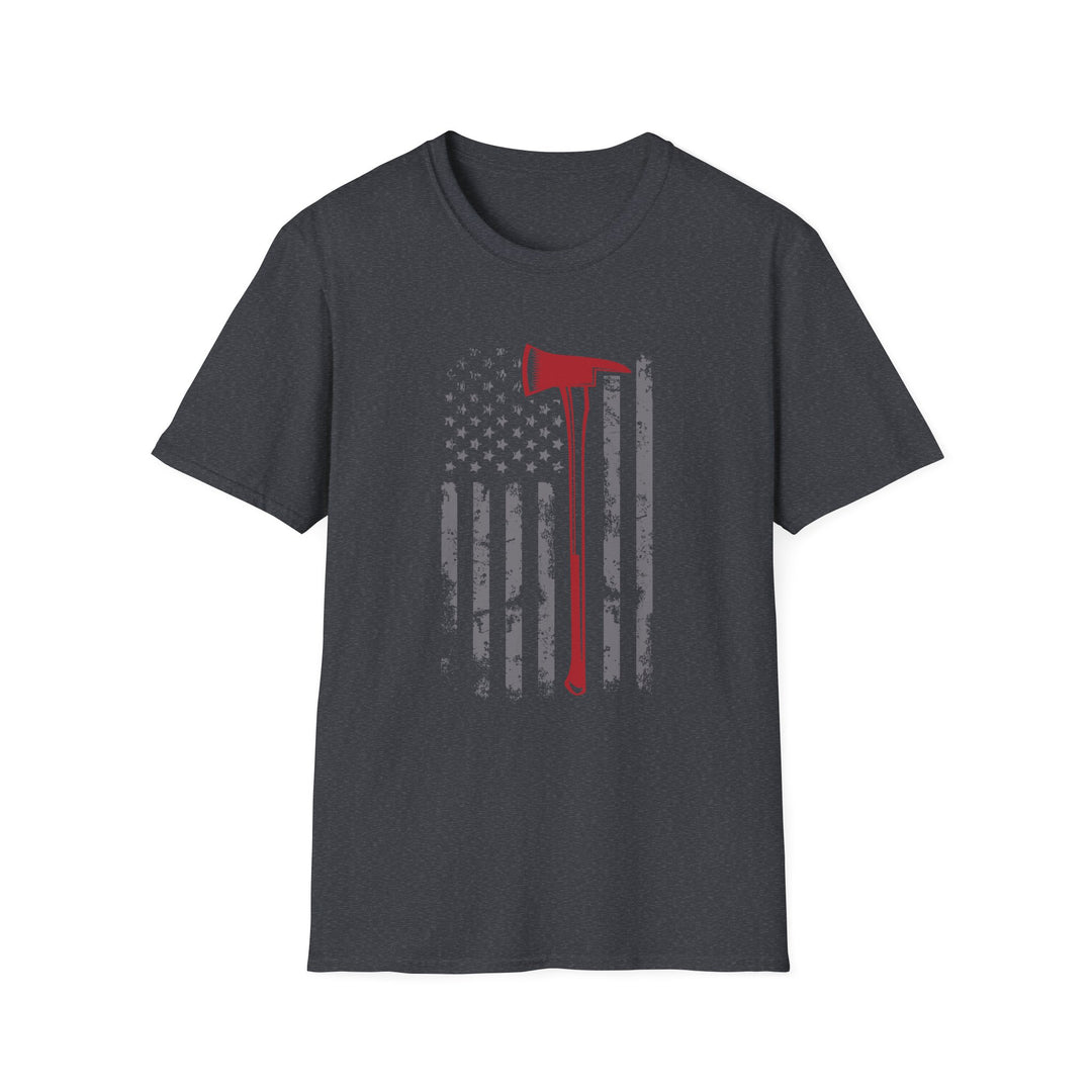 Dark heather unisex t-shirt with a distressed vertical American flag and a bold red firefighter axe silhouette centered on the chest