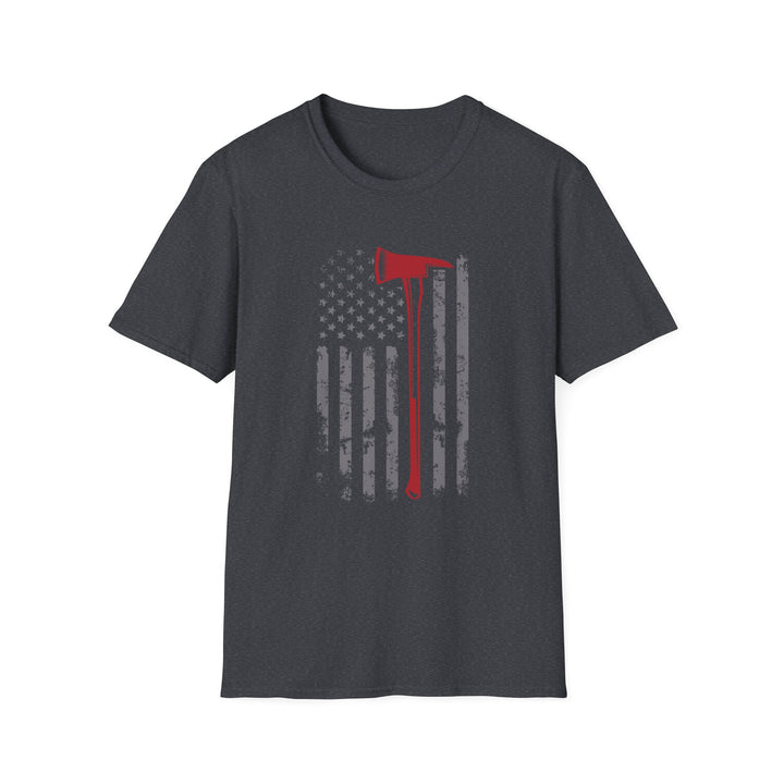 Dark heather unisex t-shirt with a distressed vertical American flag and a bold red firefighter axe silhouette centered on the chest