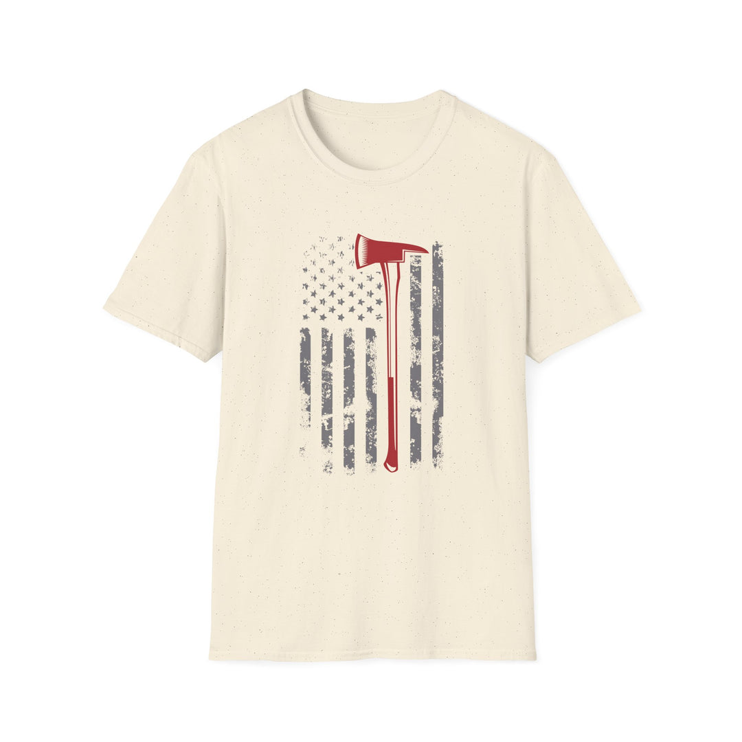 Natural unisex t-shirt with a distressed vertical American flag and a bold red firefighter axe silhouette centered on the chest