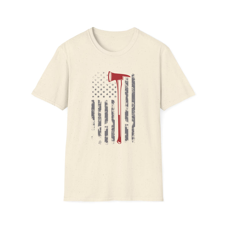 Natural unisex t-shirt with a distressed vertical American flag and a bold red firefighter axe silhouette centered on the chest