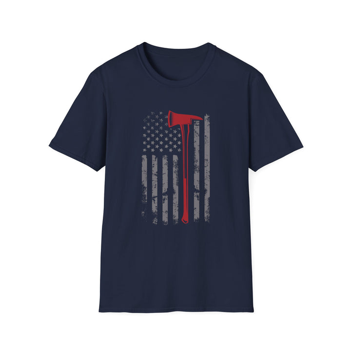Navy unisex t-shirt with a distressed vertical American flag and a bold red firefighter axe silhouette centered on the chest