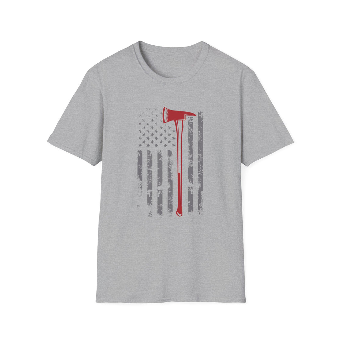 Sport grey unisex t-shirt with a distressed vertical American flag and a bold red firefighter axe silhouette centered on the chest