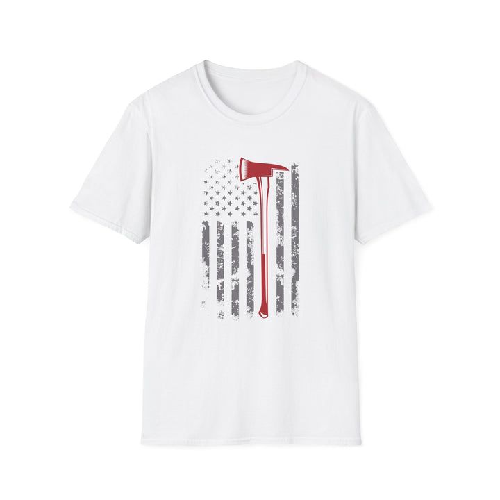 White unisex t-shirt with a distressed vertical American flag and a bold red firefighter axe silhouette centered on the chest