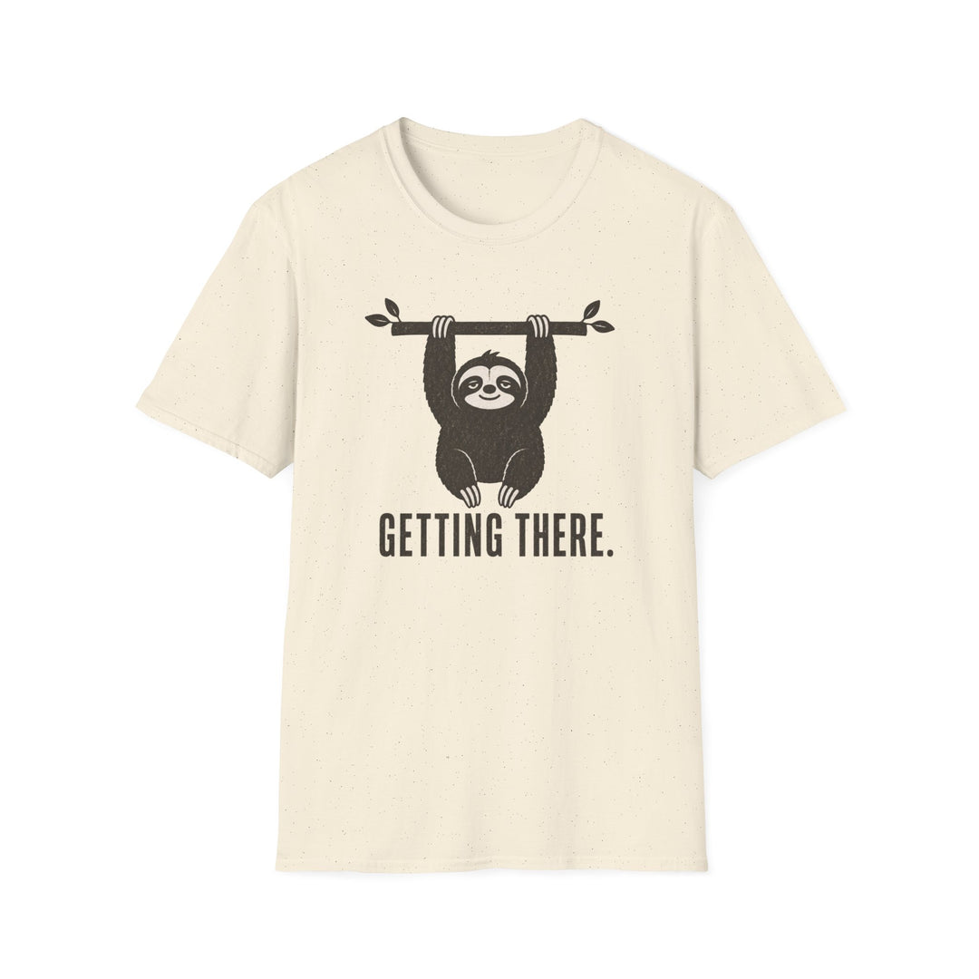 Natural cream t-shirt featuring a smiling sloth hanging from a branch with text reading getting there