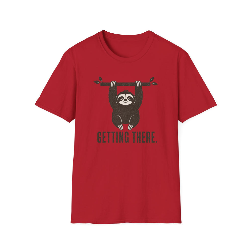 Red t-shirt featuring a smiling sloth hanging from a branch with text reading getting there