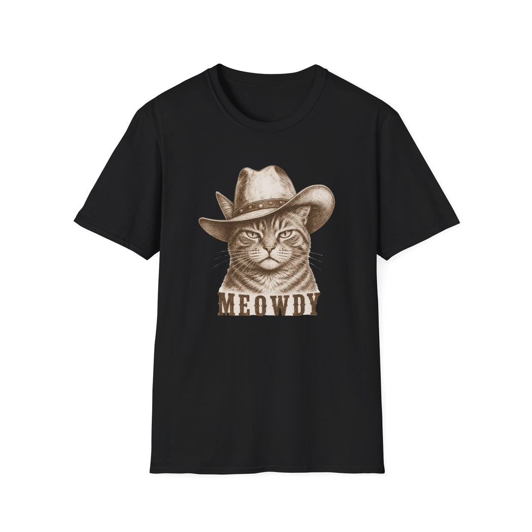 Black t-shirt featuring a sepia vintage illustration of a grumpy tabby cat wearing a cowboy hat with text reading meowdy