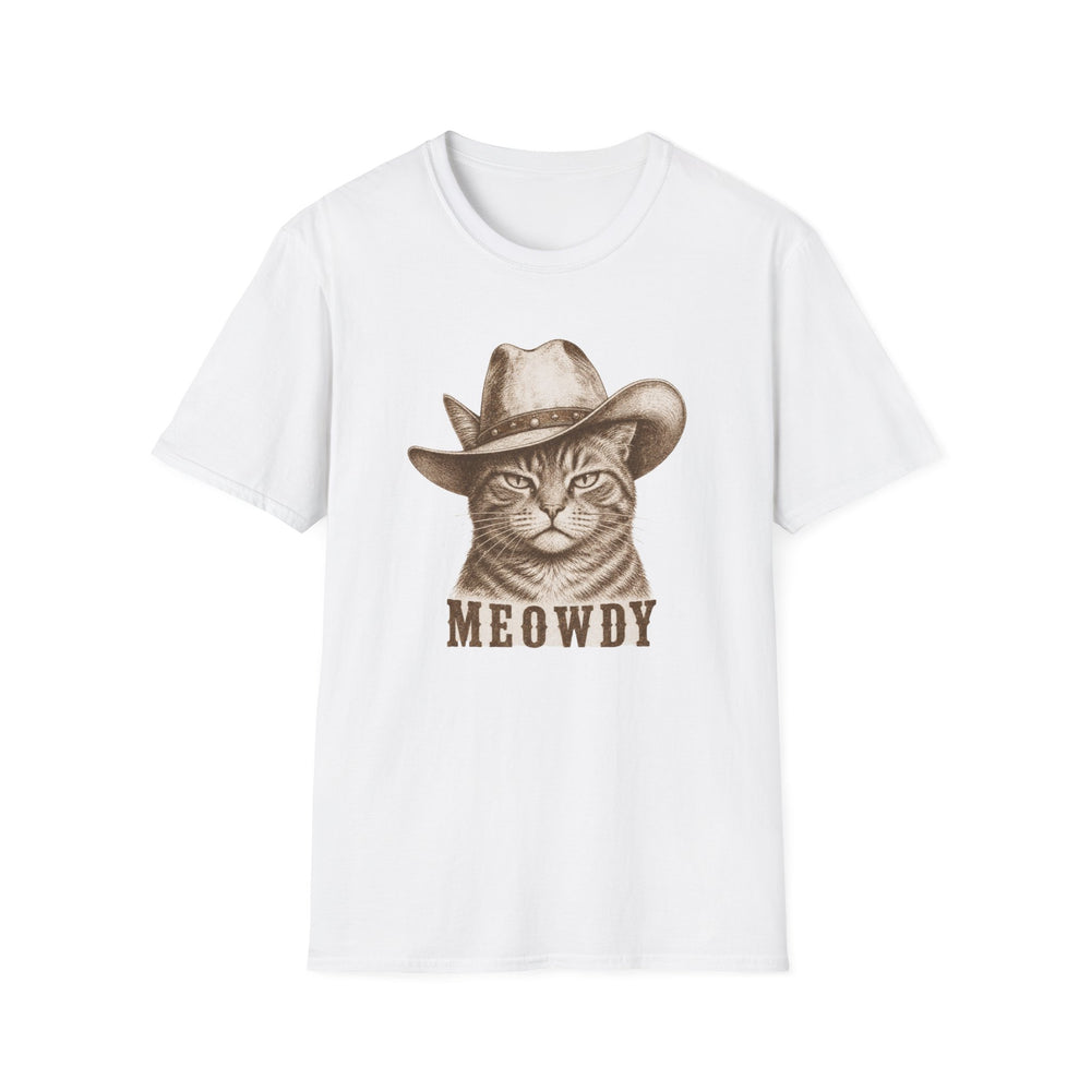 White t-shirt featuring a sepia vintage illustration of a grumpy tabby cat wearing a cowboy hat with text reading meowdy