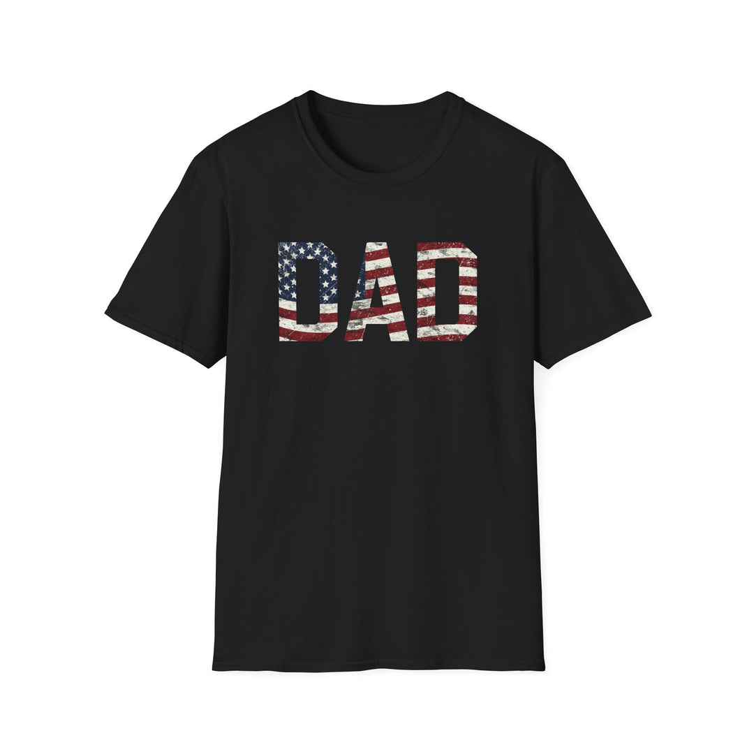 Black unisex t-shirt with bold block DAD lettering filled with a distressed red white and blue American flag print