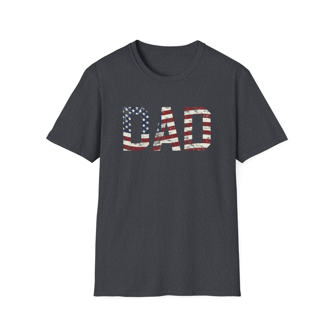 Dark heather unisex t-shirt with bold block DAD lettering filled with a distressed red white and blue American flag print