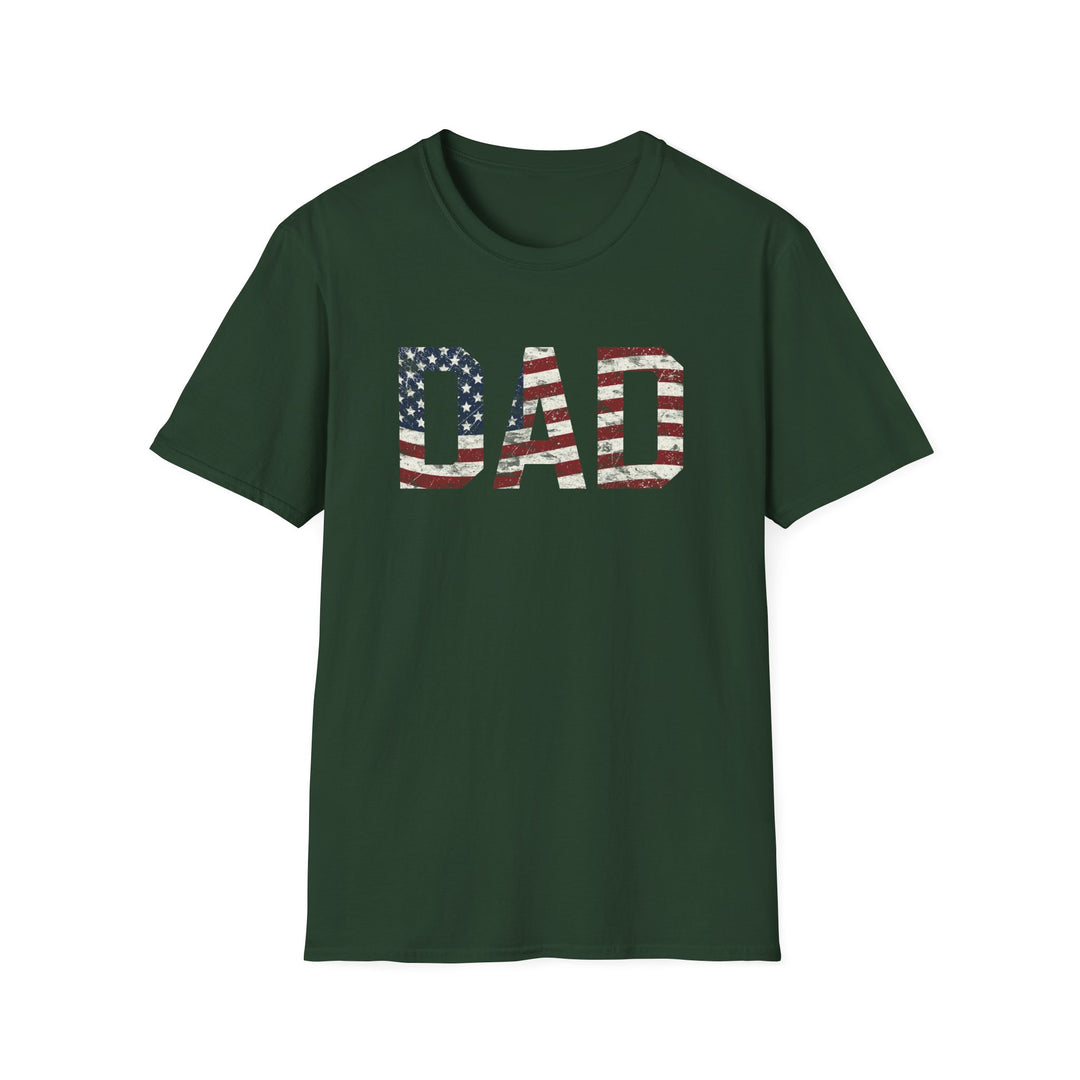 Forest green unisex t-shirt with bold block DAD lettering filled with a distressed red white and blue American flag print