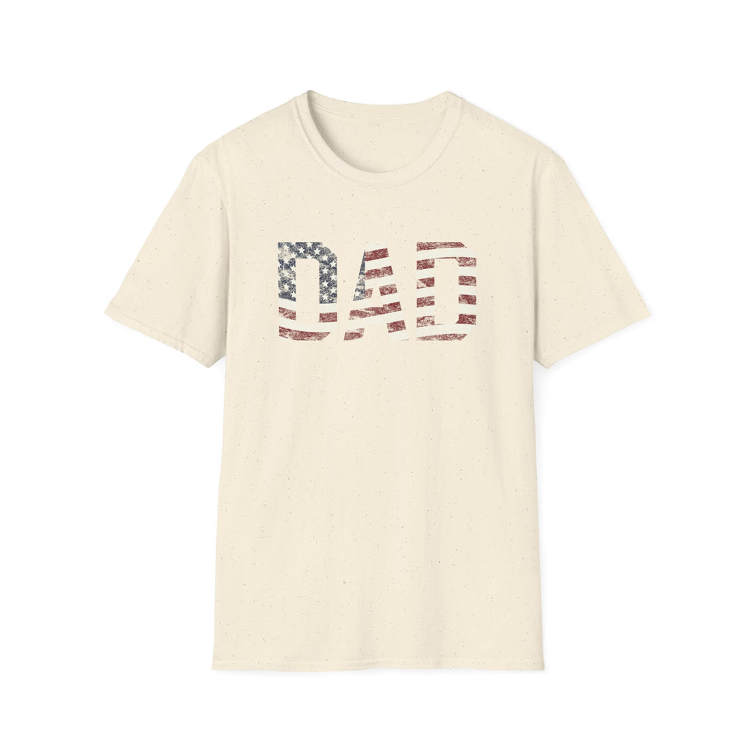 Natural unisex t-shirt with bold block DAD lettering filled with a distressed red white and blue American flag print