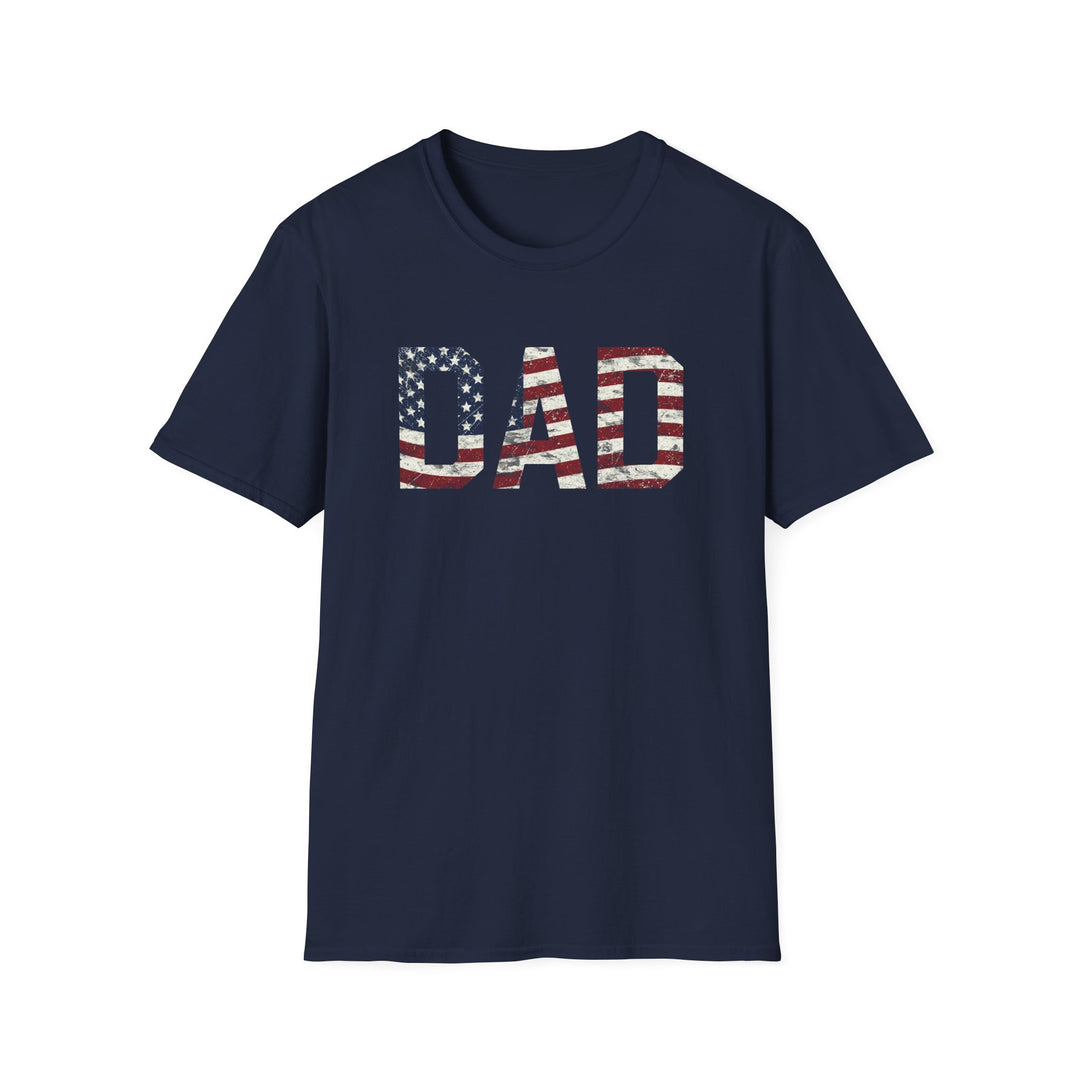 Navy unisex t-shirt with bold block DAD lettering filled with a distressed red white and blue American flag print