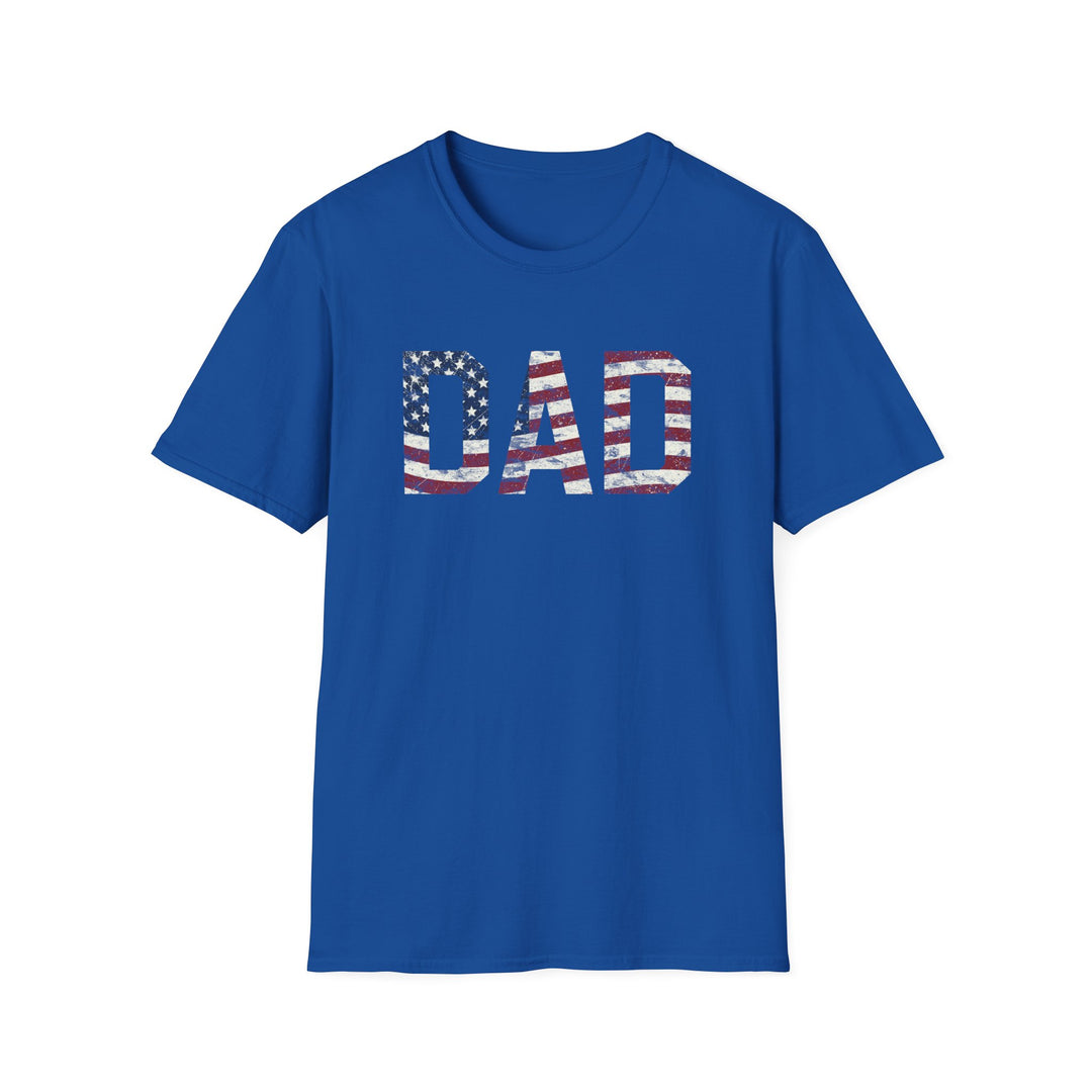 Royal blue unisex t-shirt with bold block DAD lettering filled with a distressed red white and blue American flag print