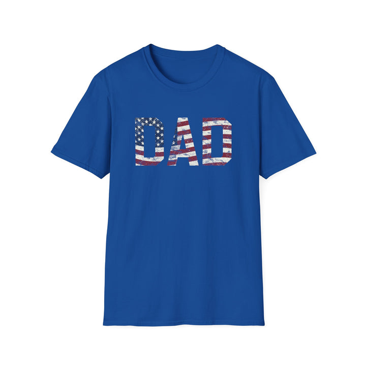 Royal blue unisex t-shirt with bold block DAD lettering filled with a distressed red white and blue American flag print