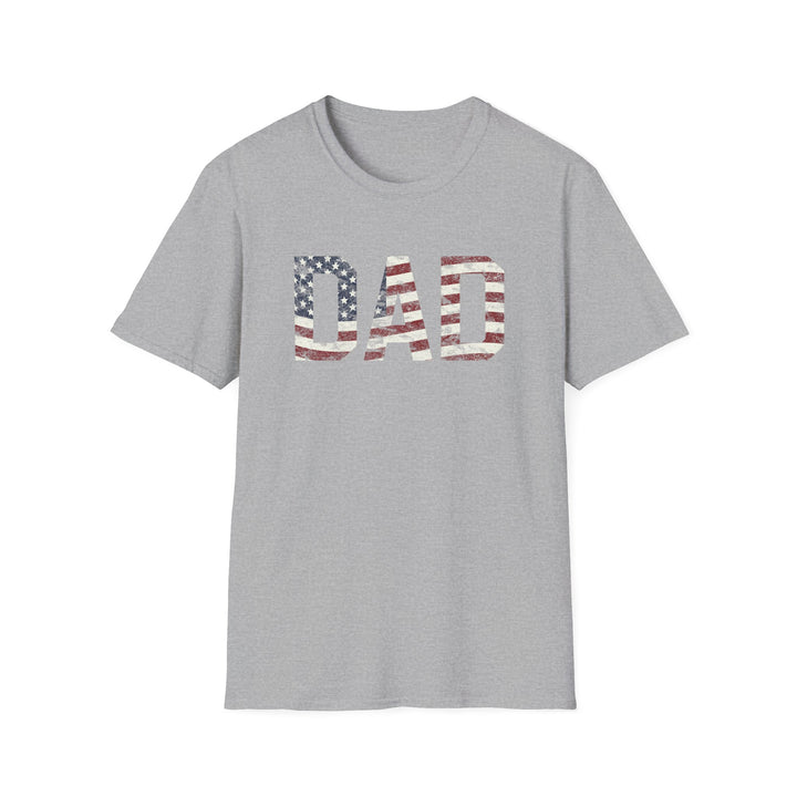 Sport grey unisex t-shirt with bold block DAD lettering filled with a distressed red white and blue American flag print