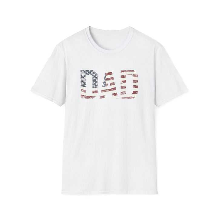 White unisex t-shirt with bold block DAD lettering filled with a distressed red white and blue American flag print