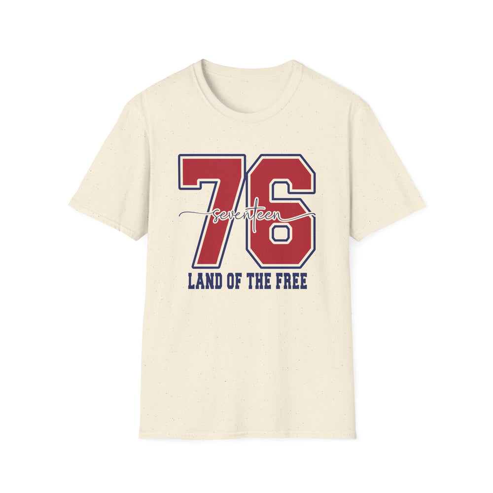 Natural unisex t-shirt with bold red and navy varsity 76 numerals and script seventeen overlay reading Land of the Free