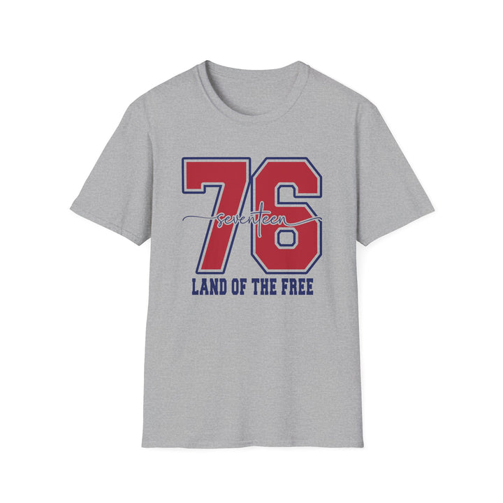 Sport grey unisex t-shirt with bold red and navy varsity 76 numerals and script seventeen overlay reading Land of the Free