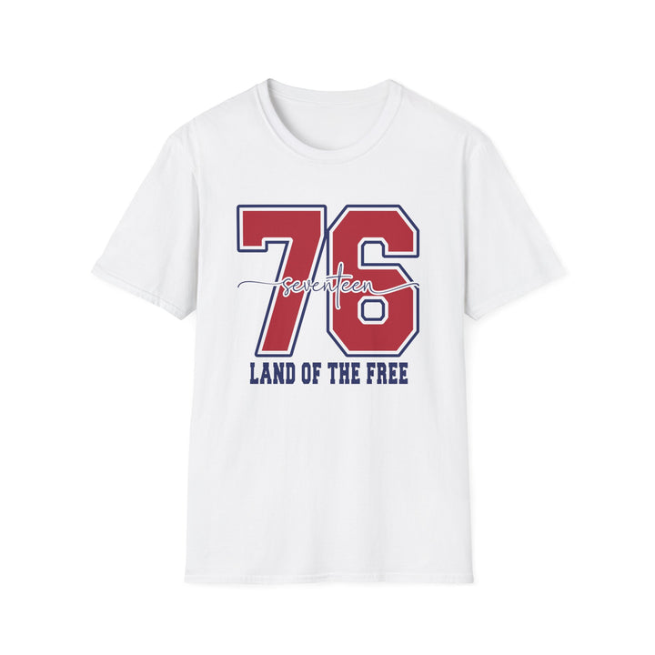 White unisex t-shirt with bold red and navy varsity 76 numerals and script seventeen overlay reading Land of the Free