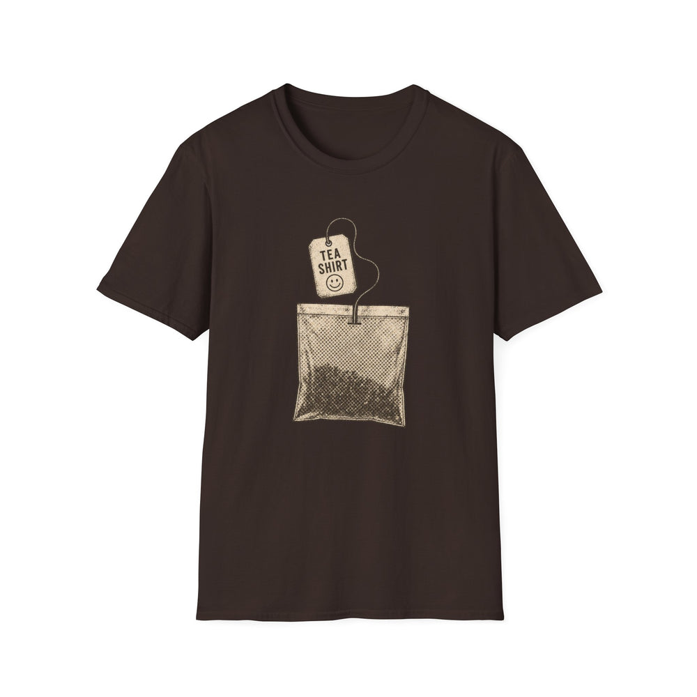 Dark chocolate brown t-shirt featuring a vintage tea bag illustration with a tag reading tea shirt and a smiley face