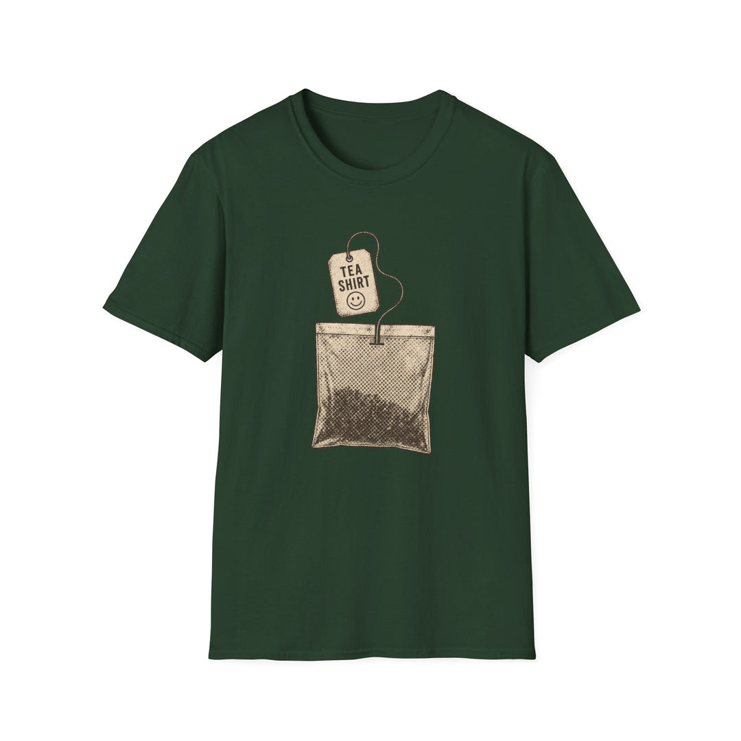 Forest green t-shirt featuring a vintage tea bag illustration with a tag reading tea shirt and a smiley face