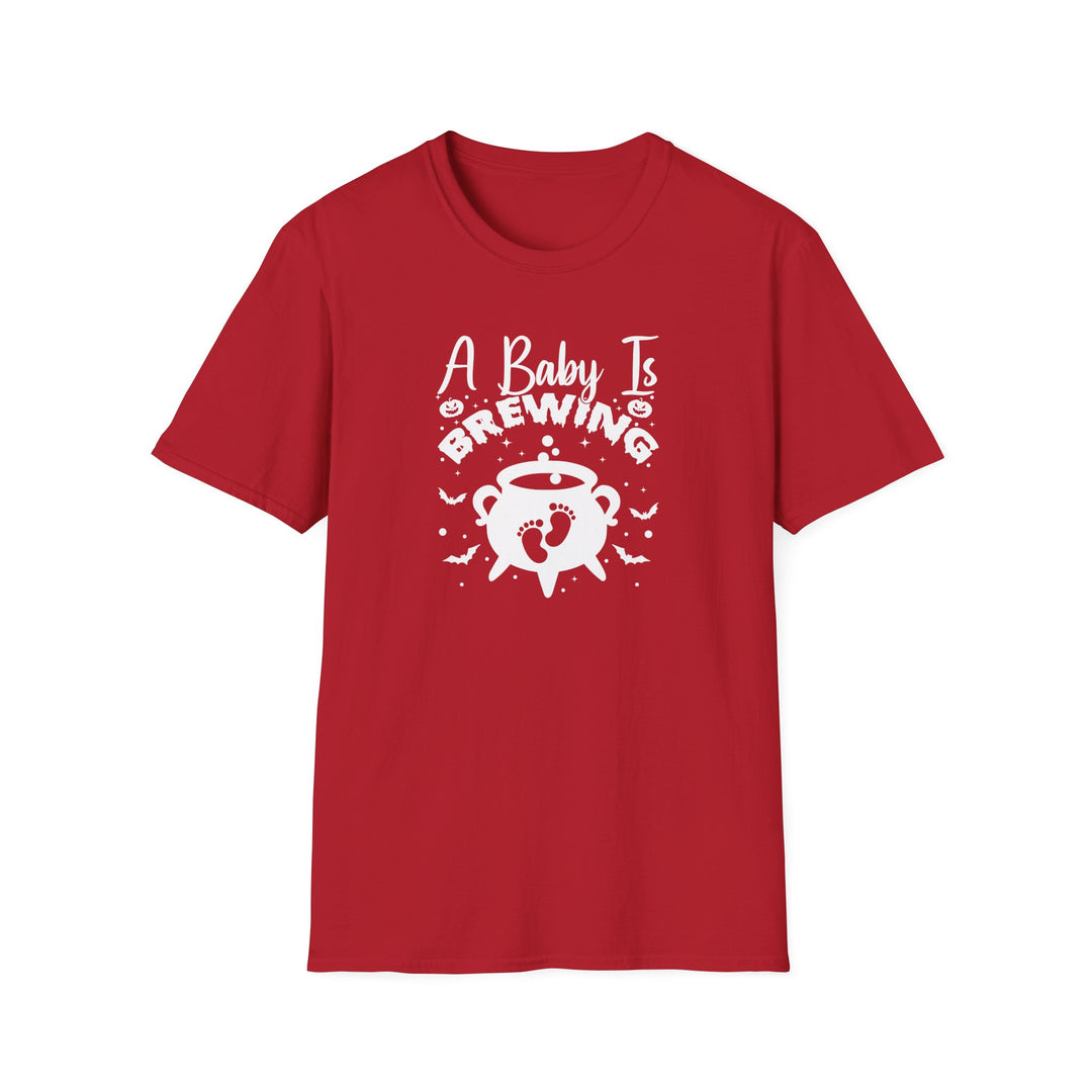 A Baby Is Brewing Halloween pregnancy announcement t-shirt in cherry red — Snappy Tee