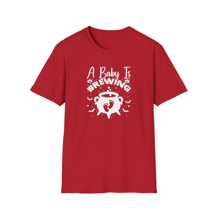 A Baby Is Brewing Halloween pregnancy announcement t-shirt in cherry red — Snappy Tee