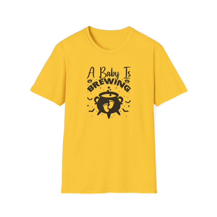 A Baby Is Brewing Halloween pregnancy announcement t-shirt in daisy yellow — Snappy Tee
