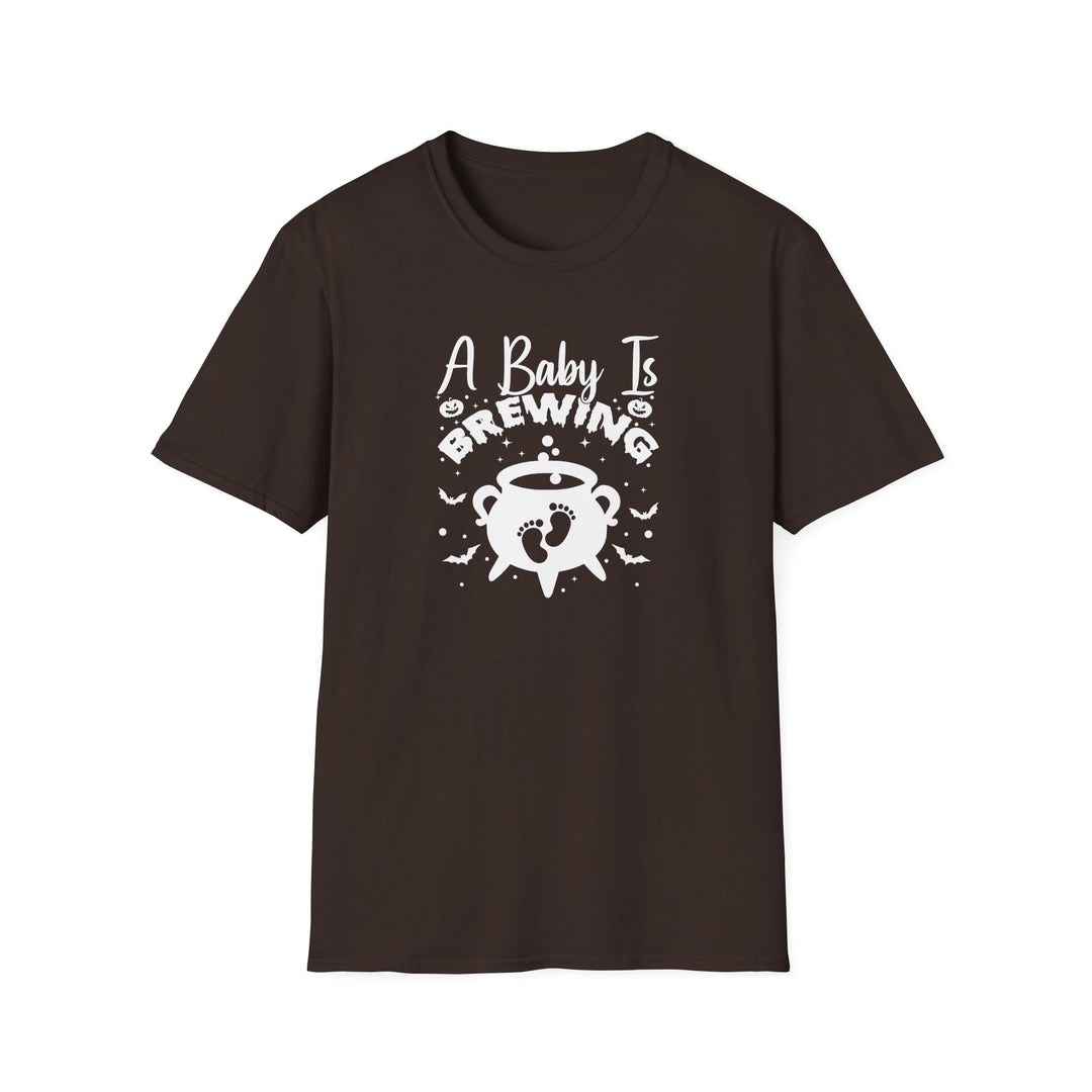 A Baby Is Brewing Halloween pregnancy announcement t-shirt in dark chocolate — Snappy Tee