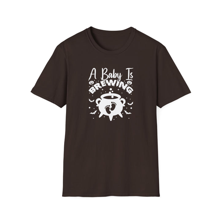 A Baby Is Brewing Halloween pregnancy announcement t-shirt in dark chocolate — Snappy Tee