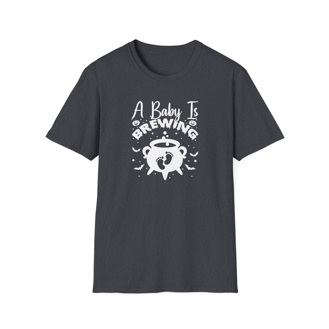 A Baby Is Brewing Halloween pregnancy announcement t-shirt in dark heather — Snappy Tee