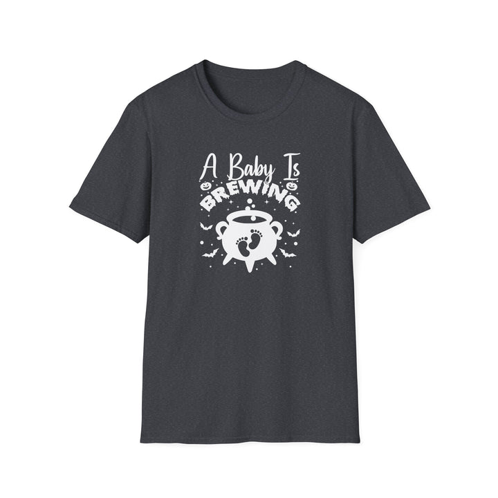 A Baby Is Brewing Halloween pregnancy announcement t-shirt in dark heather — Snappy Tee