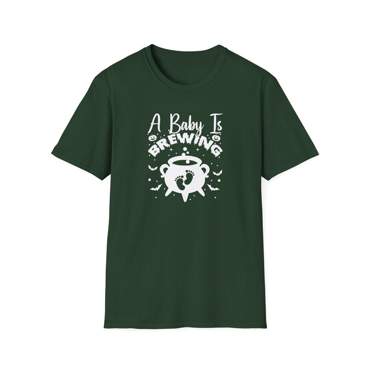 A Baby Is Brewing Halloween pregnancy announcement t-shirt in forest green — Snappy Tee