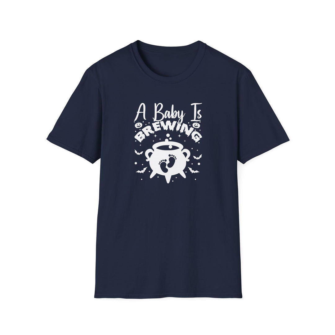 A Baby Is Brewing Halloween pregnancy announcement t-shirt in navy — Snappy Tee