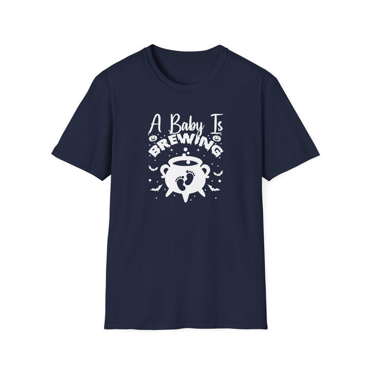 A Baby Is Brewing Halloween pregnancy announcement t-shirt in navy — Snappy Tee