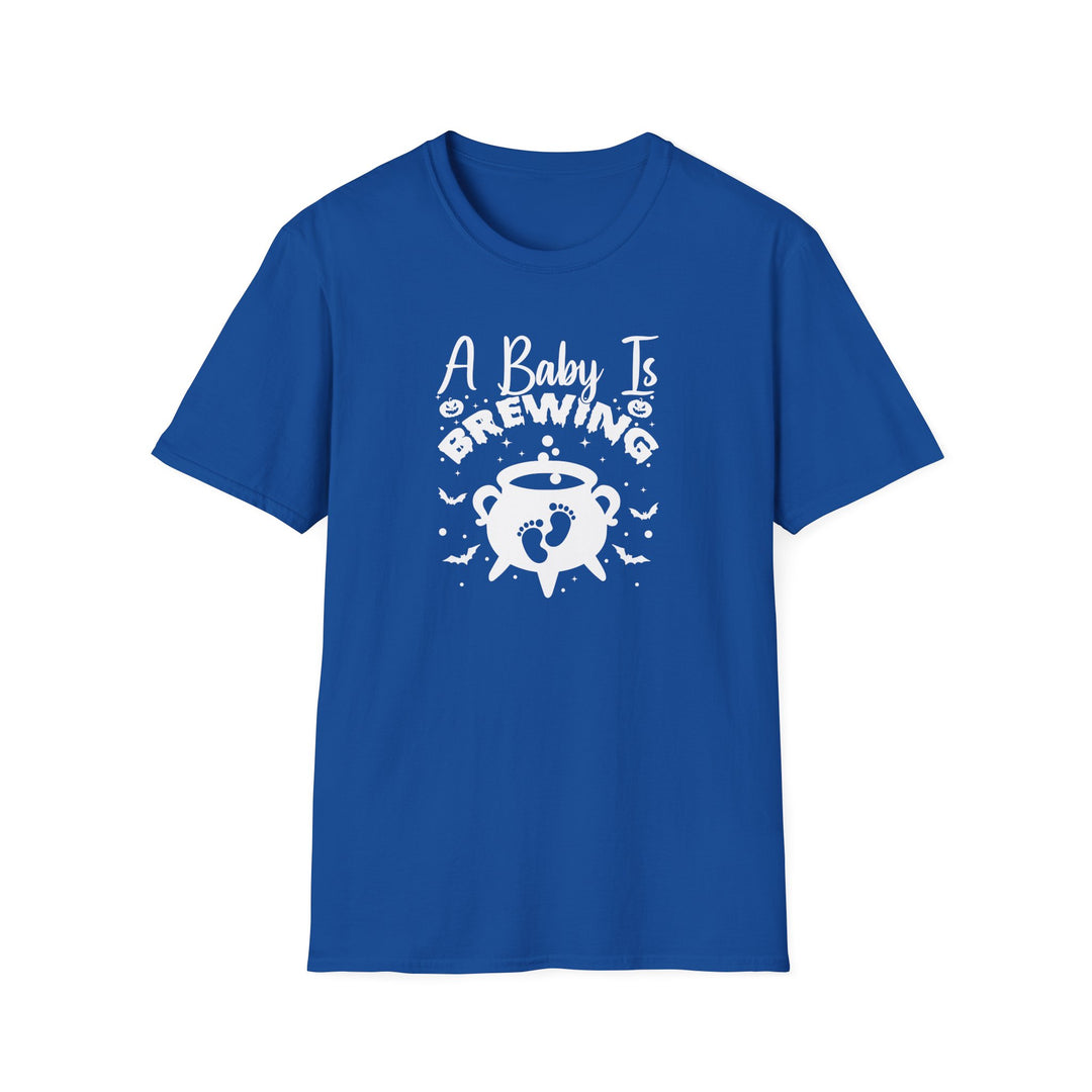 A Baby Is Brewing Halloween pregnancy announcement t-shirt in royal blue — Snappy Tee