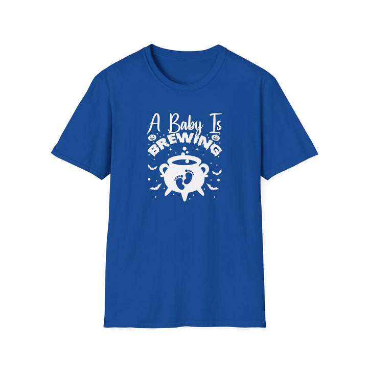 A Baby Is Brewing Halloween pregnancy announcement t-shirt in royal blue — Snappy Tee