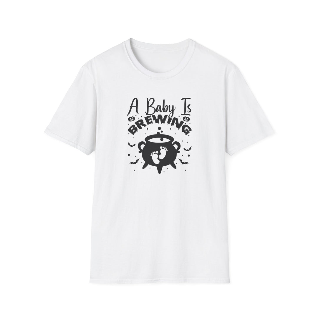 A Baby Is Brewing Halloween pregnancy announcement t-shirt in white — Snappy Tee