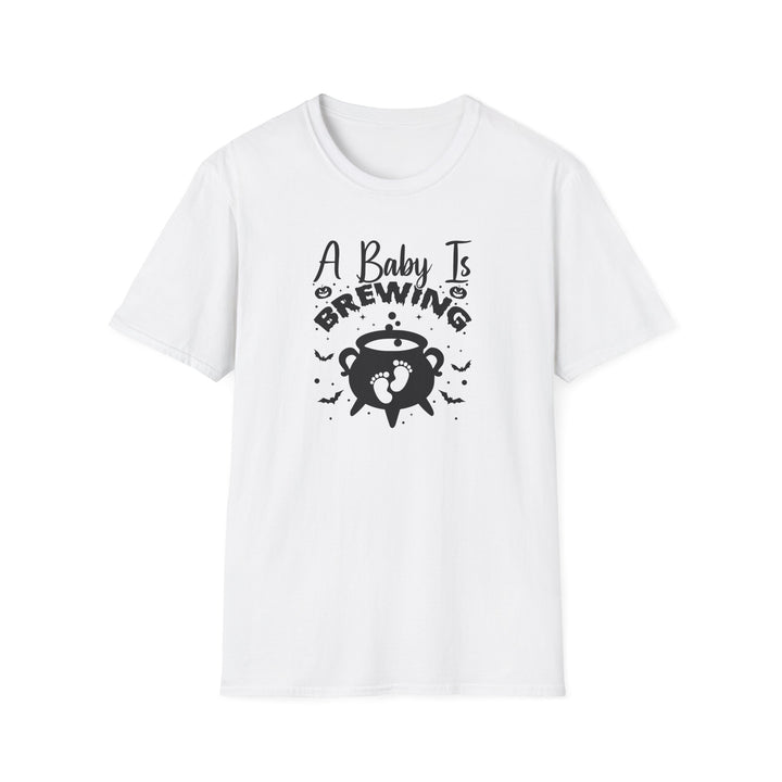 A Baby Is Brewing Halloween pregnancy announcement t-shirt in white — Snappy Tee