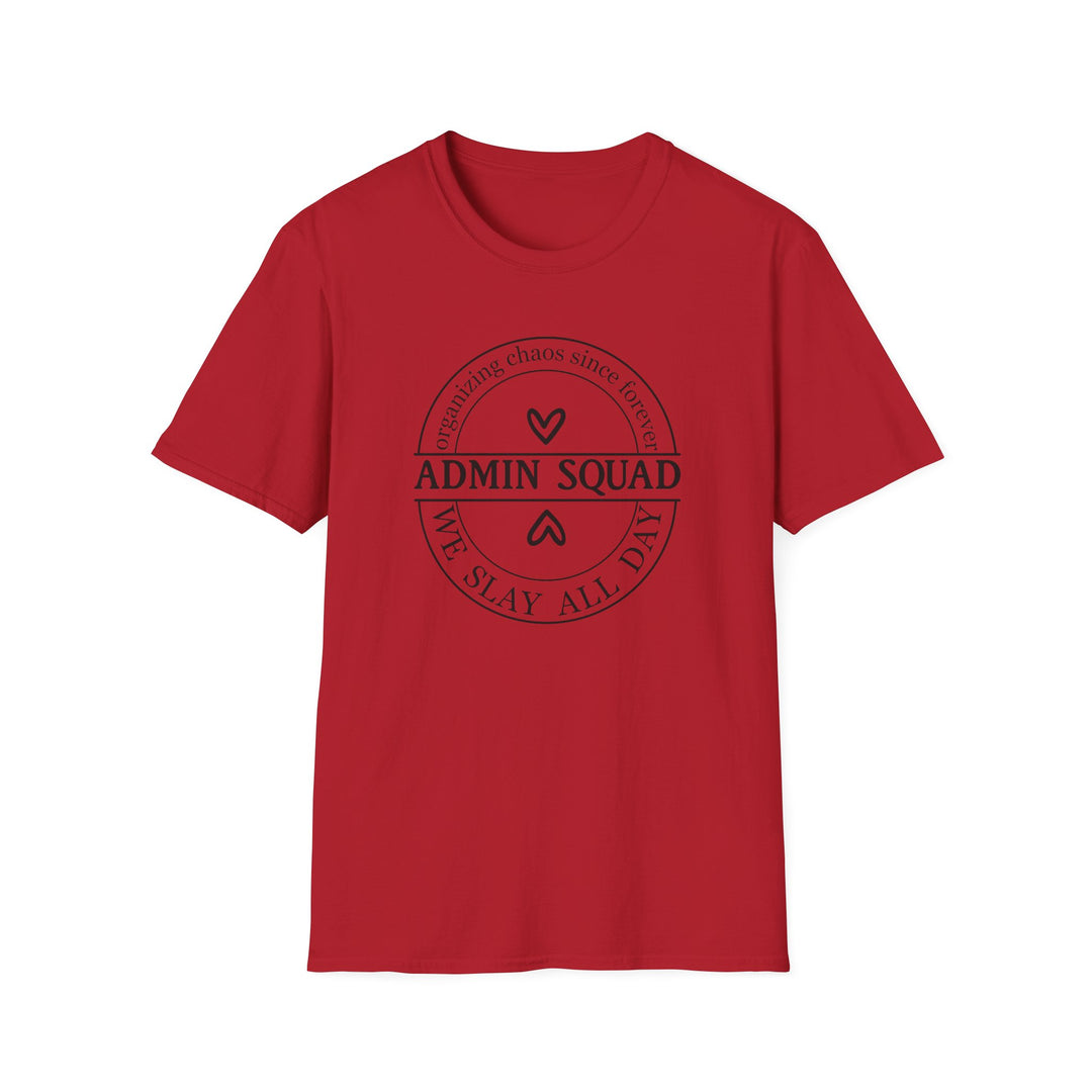 Admin Squad We Slay All Day funny office t-shirt in cherry red — Snappy Tee