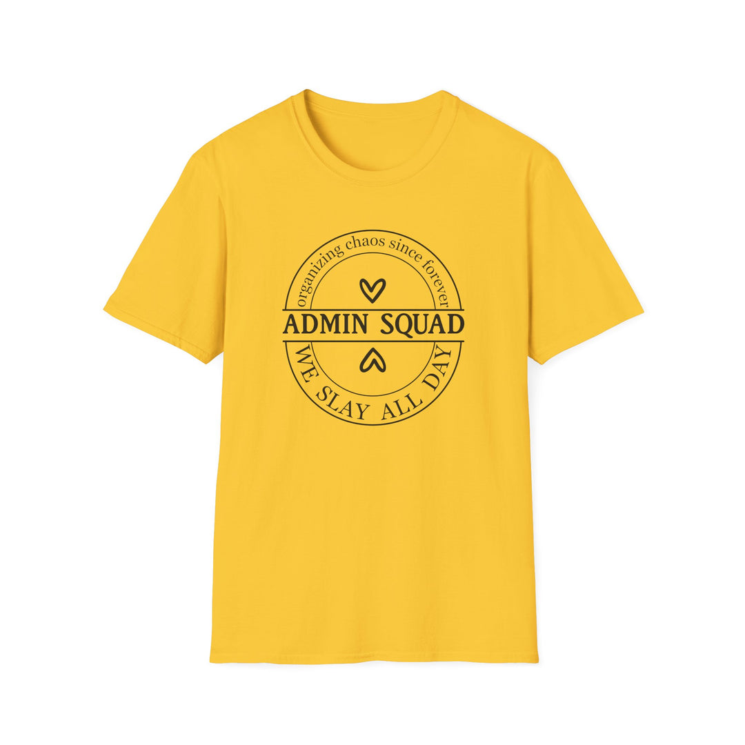 Admin Squad We Slay All Day funny office t-shirt in daisy yellow — Snappy Tee