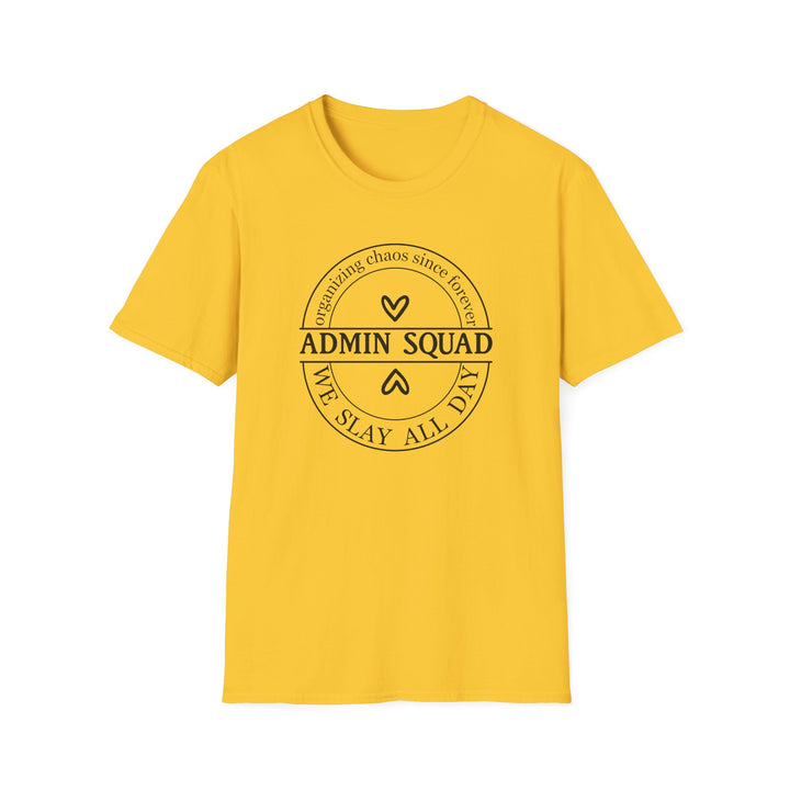 Admin Squad We Slay All Day funny office t-shirt in daisy yellow — Snappy Tee