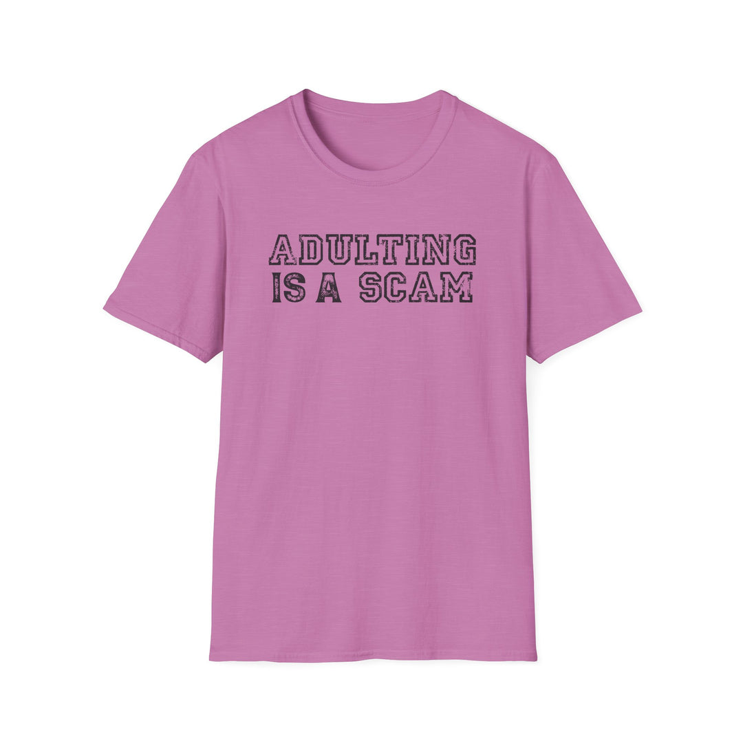 Adulting Is a Scam funny graphic t-shirt in orchid — Snappy Tee