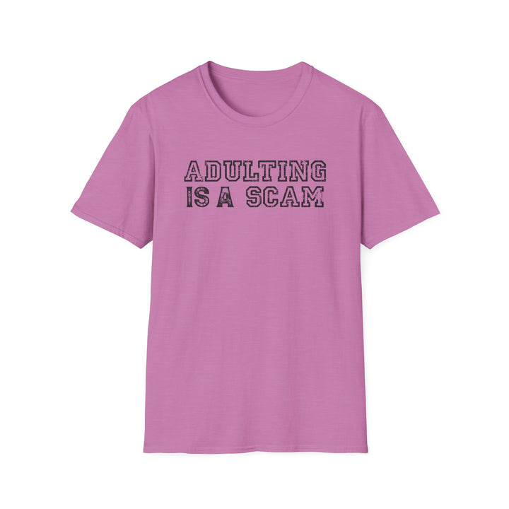 Adulting Is a Scam funny graphic t-shirt in orchid — Snappy Tee